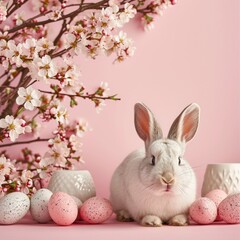 Naklejka na ściany i meble Happy Easter Holiday with Painted Egg, Rabbit and Flowers.