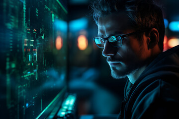 Programmierer vor einem Computerbildschirm mit Reflextionen in der Brille, Konzept zur Datensicherheit und Softwareentwicklung - obrazy, fototapety, plakaty