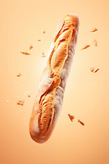 A fresh French baguette floating elegantly in the air with pieces of crust breaking off, against a warm peach-colored backdrop.
