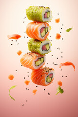 Obraz na płótnie Canvas Sushi rolls with vibrant salmon and avocado, garnished with sesame seeds and delicate fish roe, appear to float on a warm backdrop. 