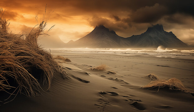 Strand mit Sand bedeckt von Arsche nach einem Vulkanausbruch, Erruption spuckt Asche auf die Insel, Berge und Küste