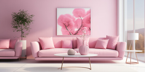 Cozy modern living room with pink stylish furniture and decoration. Generative AI