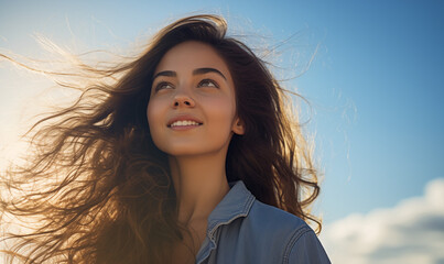 Fototapeta premium portret młodej brunetki z długimi włosami cieszącej się jasnym słońcem na tle błękitnego nieba