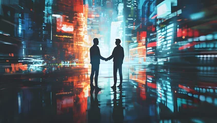 Foto op Aluminium two businessman shaking hands in front of a background with data © Yi_Studio
