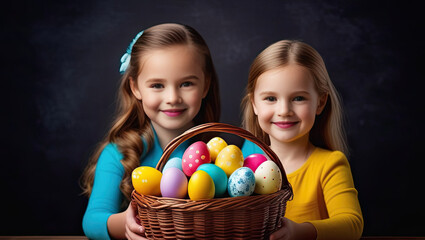 Easter concept. Two beautiful and cute girls are holding a wicker basket with colorful Easter eggs on a dark background. Place for text, copy space.Banner.