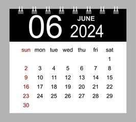 June 2024. Vector monthly calendar template 2024 year in simple style for template design. Week starts from Sunday.
