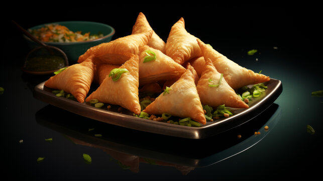A platter of crispy and golden chicken samosas, a popular snack during the month of Ramadan