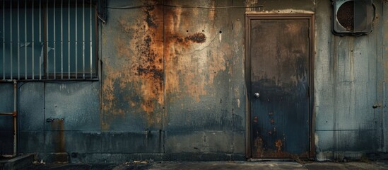 Weathered stain cement building wall, creating a dark and dirty atmosphere in an old apartment in Japan.