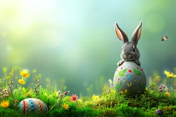 Foto op Plexiglas mockup easter egg and chubby cute bunny on green meadow © jakapong