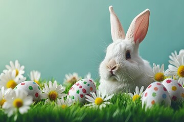Fototapeta premium mockup easter egg and chubby cute bunny on green meadow