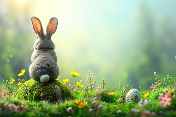 mockup easter egg and chubby cute bunny on green meadow - obrazy, fototapety, plakaty
