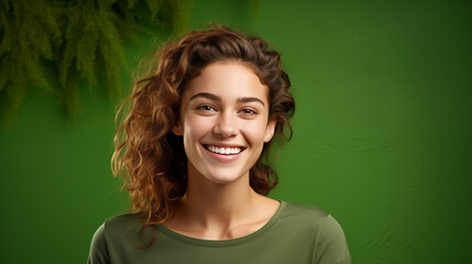 Portret studyjny młodej kobiety uśmiechniętej na zielonym tle z dużą ilością wolnego tła - obrazy, fototapety, plakaty