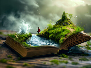 Concept of an open magic book; The imaginary world of a happy little child with a small house on a hill and beautiful nature. Lifestyle and education. - obrazy, fototapety, plakaty