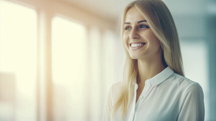 Bella donna con capelli biondi e camicia bianca sorride in ufficio