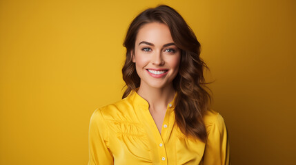 Portret studyjny młodej kobiety uśmiechniętej na żółtym tle z dużą ilością wolnego tła - obrazy, fototapety, plakaty