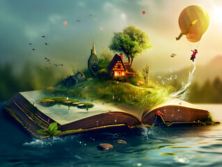 Concept of an open magic book; The imaginary world of a happy little child with a small house on a hill and beautiful nature. Lifestyle and education. - obrazy, fototapety, plakaty