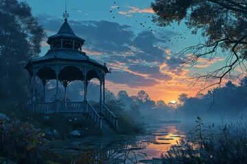 Serene twilight gazebos, offering peaceful refuge in the hour between day and night - Generative AI - obrazy, fototapety, plakaty