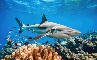 sharks swimming in a beautiful sea with coral reefs