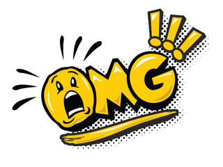 OMG speech bubble. Oh my god phrase. Hand drawn comic quote with smile emoji. Print on shirt, card, poster etc. Vector on transparent background