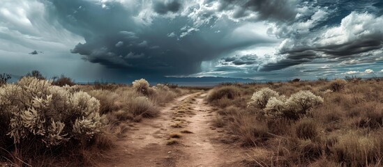 Dusty path surrounded by vegetation, under a cloudy sky in wide open space.