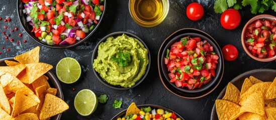 Latin American Mexican food party: guacamole, salsa, chips, tequila on black table, top view.