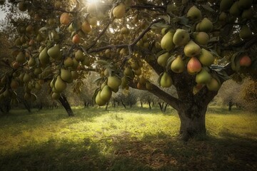 A tree bearing pears. Generative AI - obrazy, fototapety, plakaty