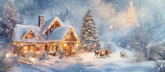 Magical snow-covered house, deer, and sleigh set in a Christmas fairy tale scene. Xmas card.