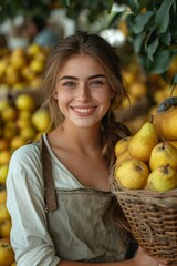 Obraz premium Charming young woman holding a basket filled with freshly harvested ripe pears in the orchard