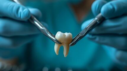 Close-up of extracted tooth in dentist's forceps for studying surface and roots structure