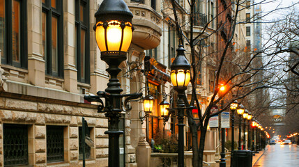 Vintage street lamp in Paris, France, illuminating the beautiful architecture of the historic European town at night.
