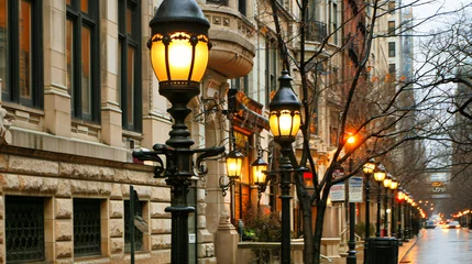 Rolgordijnen Vintage street lamp in Paris, France, illuminating the beautiful architecture of the historic European town at night. © Taslima