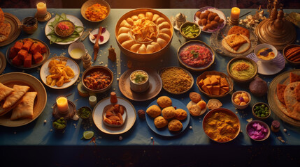 A vibrant spread of traditional Ramadhan food, including dates, samosas, and biryani - obrazy, fototapety, plakaty