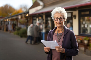A middle-aged woman owner and manager of a nursing home holds documents in her hand. Elderly people are seen in the background. - obrazy, fototapety, plakaty