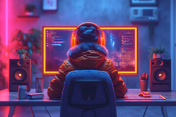 gamer in headphones plays at the computer, neon background - obrazy, fototapety, plakaty
