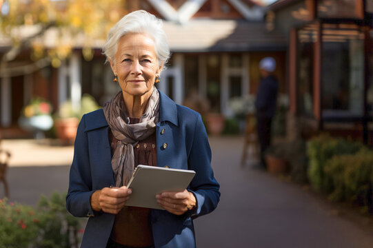 A middle-aged woman owner and manager of a nursing home holds documents in her hand. Elderly people are seen in the background.