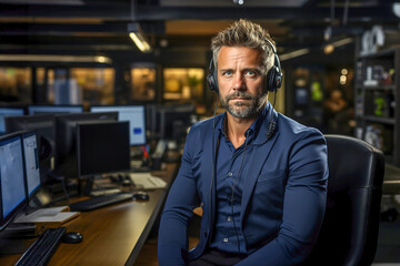 Obraz premium Man wearing headphones in a call center office.