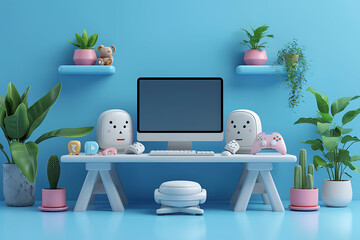 Computer gaming home place in 3D rendering style
