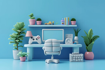 Computer gaming home place in 3D rendering style