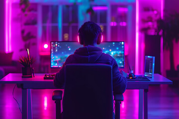 gamer in headphones plays at the computer, neon background