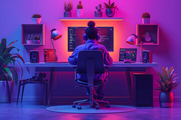 gamer in headphones plays at the computer, neon background - obrazy, fototapety, plakaty