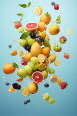 An array of colorful fresh fruits caught in a burst of water splash, creating a refreshing and dynamic image against a clear blue background.
