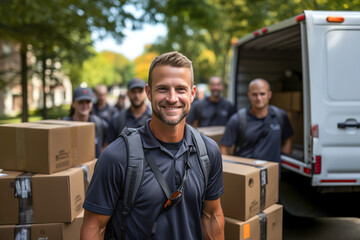 Many workers from a moving company. Many boxes piled up in front of a house. Moving household goods.