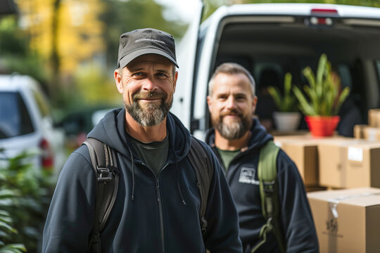 A group of workers from moving company loading boxes onto a van. Many boxes piled up in front of a house. Moving household goods.