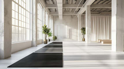 The gym white interior with a black yoga mat, big windows, and no people. Copy space