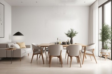 Interior home design of modern dining room with chairs and dining table with wooden furniture and houseplants near the window
