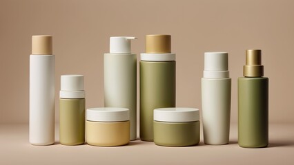 a row of variously sized cosmetic containers with green and beige containers.