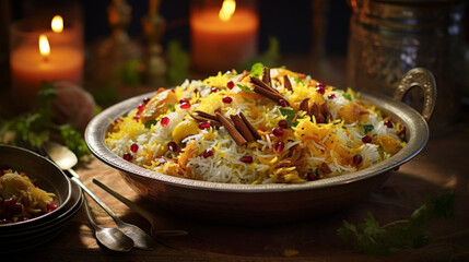 A tray of Indian biryani, a fragrant rice dish with layers of tender meat and spices, popular for breaking the fast during ramadan