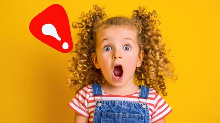 Fototapeta premium Cute curly little girl with a surprised expression on a bright yellow background with an exclamation mark
