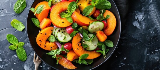 Fruit and greens salad with fresh persimmon and mint.
