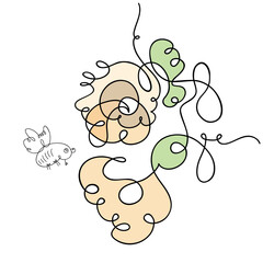 Vector image of a composition of a bee with food - pollen on a flower. Modern art is a continuous line, an aesthetic contour.